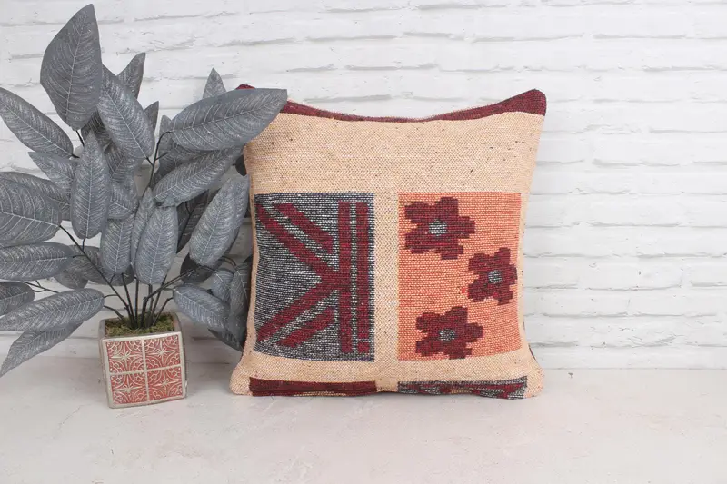 Pillow, Luxury Cushion Cover, Decorative Cushion, Turkish Kilim Pillow, Handmade Kilim Cushion, 20x20 Beige Pillow Case, Throw Kilim Pillow - 1