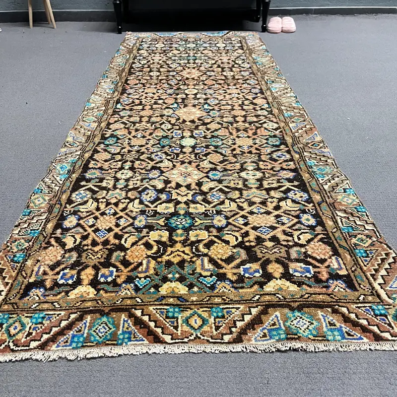 Türkischer Vintage-Teppich, 3,4x9 ft Oushak-Teppich, brauner Ombré-Wollteppich - 1