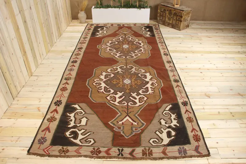 Handmade Orange Rug, 5.4x13.6 ft with Brown Accents