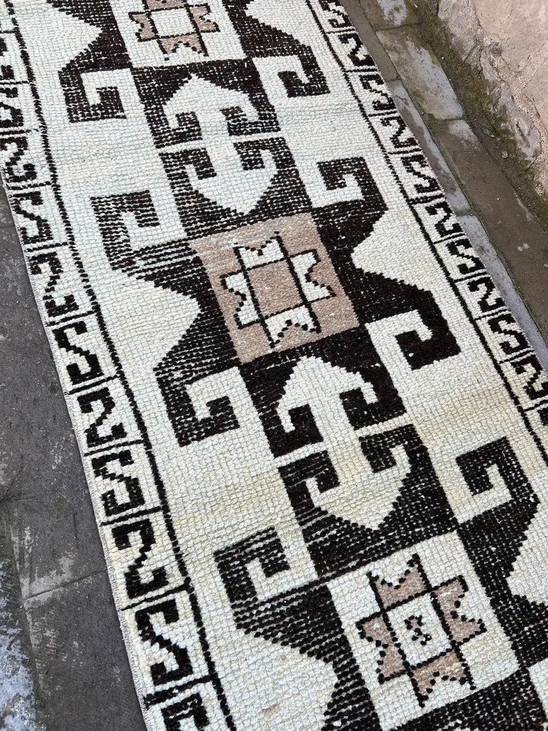 Turkish Vintage Runner Rug 2.8x10.5 ft, Black White Patchwork Wool Rug - 1