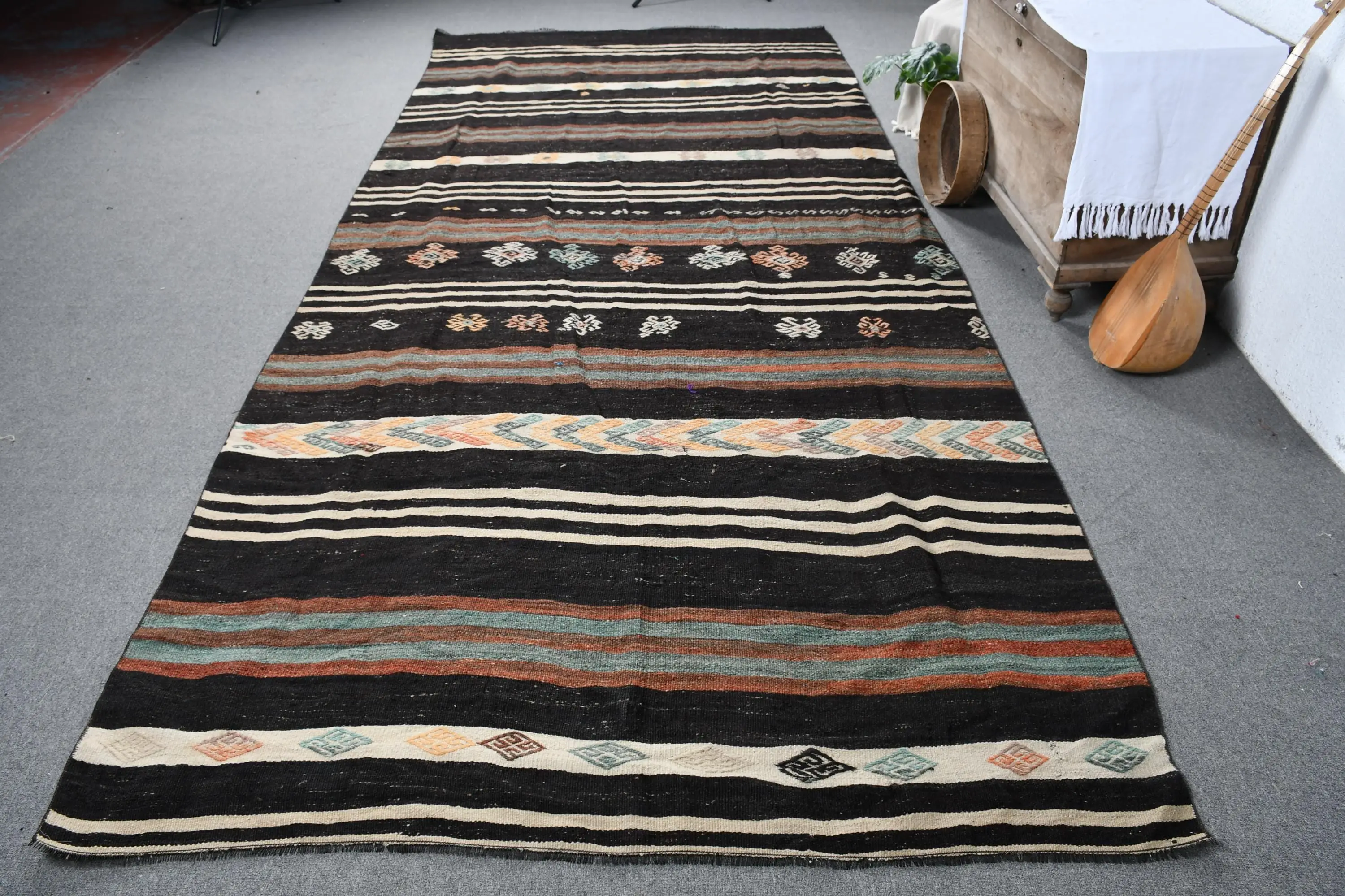 Vintage Rug, 6x14 ft Oversize Rug, Black Brown Kilim Wool Rug - 1