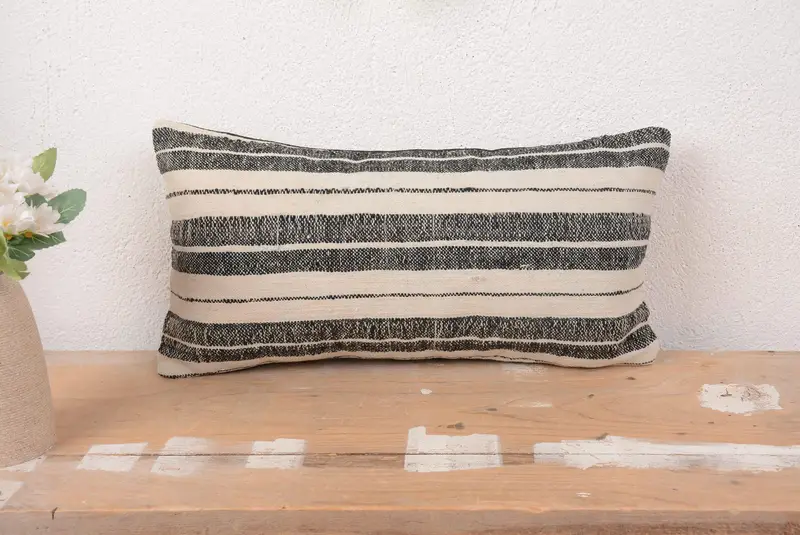 Beige & Black Striped Throw Pillow, Embroidered Rectangle Cushion