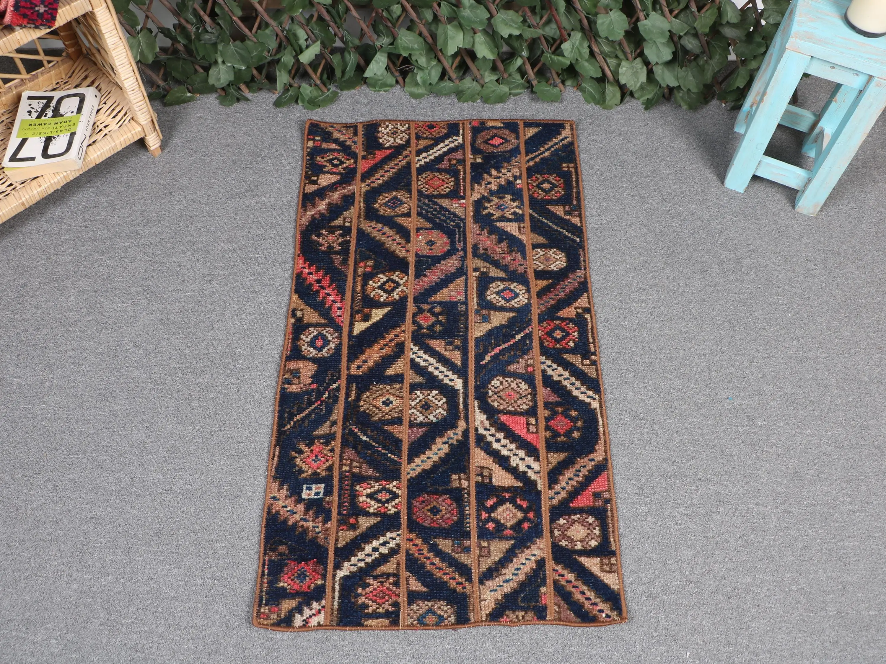 Vintage Rug, 1.8x3.2 ft Small Rug, Blue Brown Wool Rug - 1