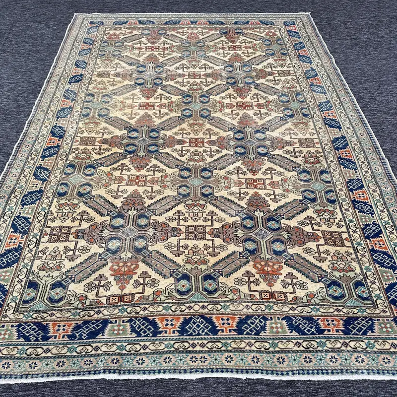 エレガントなベージュ&ブルーのラグ、5.4x9.4フィートのシックな追加