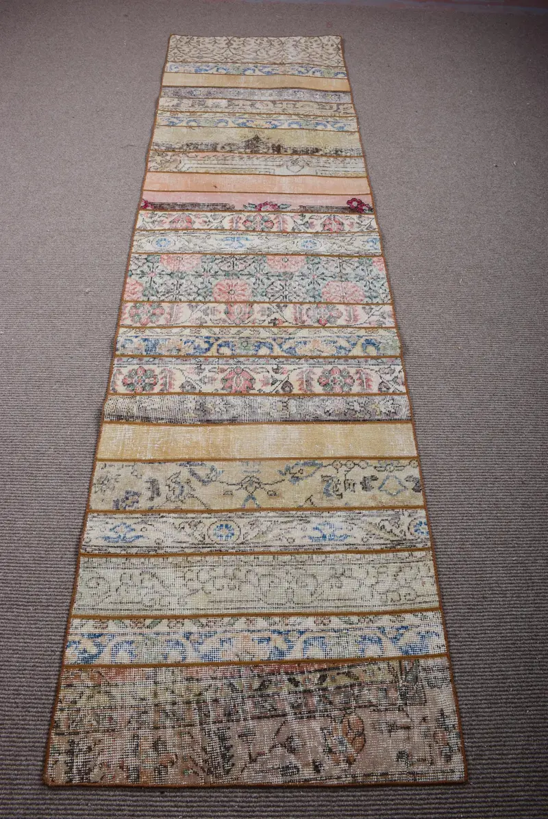 Vintage Türk Halısı 2.7x9.9 ft (81x302 cm), Oushak Kahverengi Mavi Fas Halısı - 1