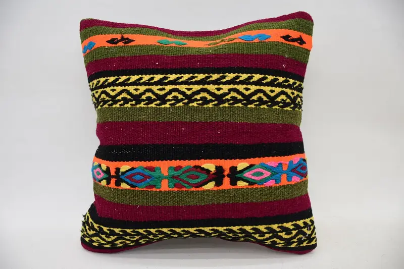 Turkish Wool Orange Pillow Sham, Striped Gift Small Square 14x14 inch Cushion - 1