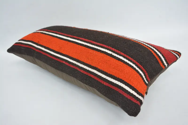 Crochet Pattern Pillow, Ethnic Pillow Case, Turkish Pillow, Throw Kilim Pillow, Cushion Case, 12x24 Brown Pillow Sham, Handmade Kilim Cushion - 6