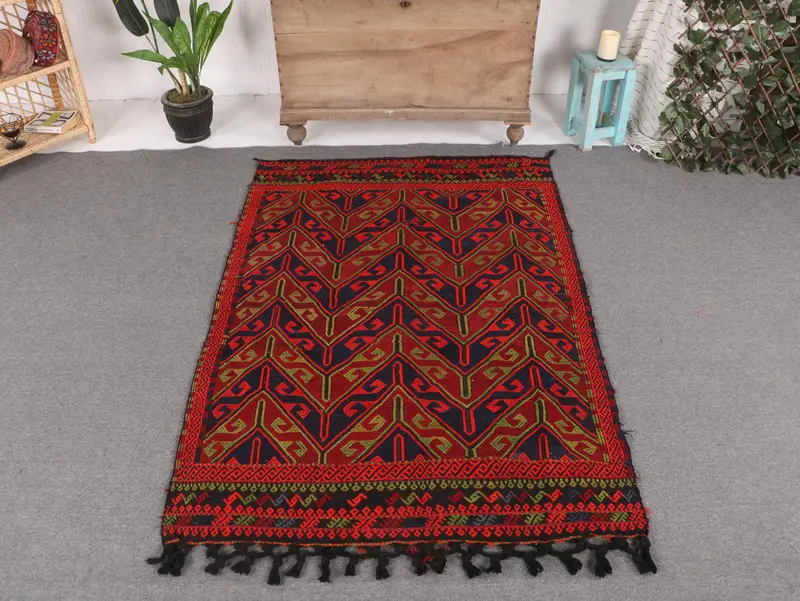 Vibrant 3,8x5,8 ft Rug, Orange & Blue Floral Elegance