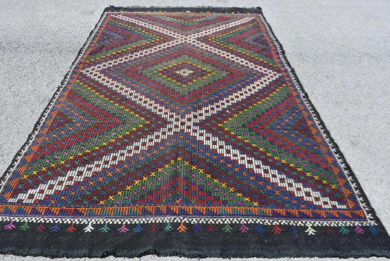 Vintage 6.7x11 ft Rug, Oversize Turkish Rug, Red Green Patchwork Wool Rug - 1