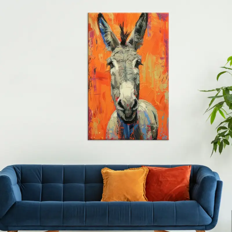 Abstraktes, modernes, orangefarbenes Esel-Portrait, bedruckte Leinwandkunst
