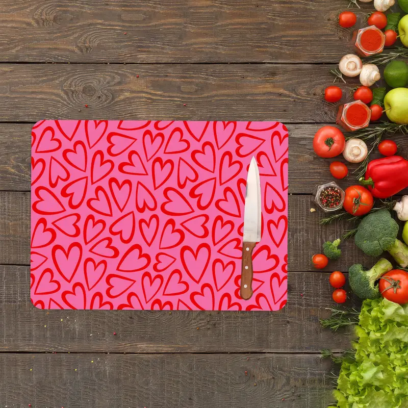 Modern Pattern Glass Cutting Board, Pink and Red Heart Design