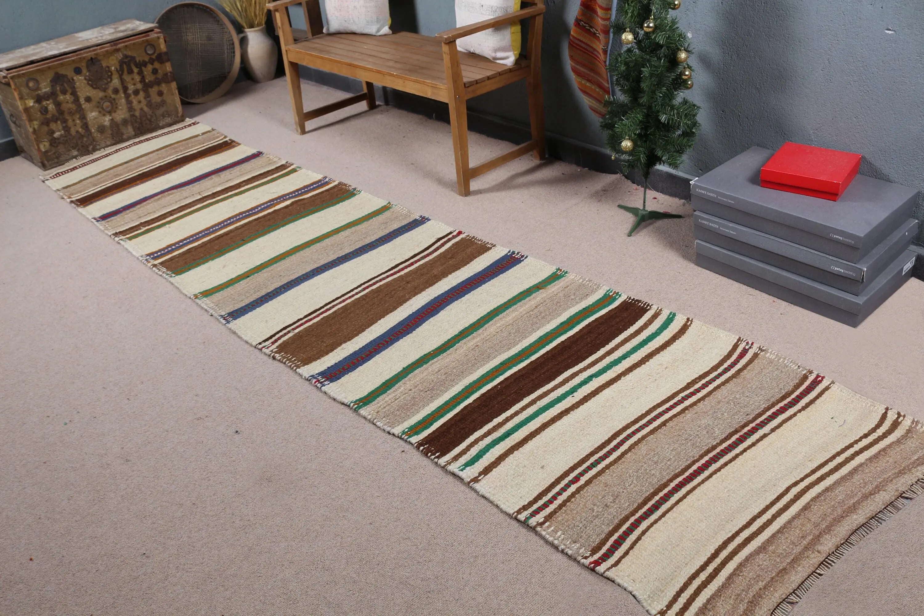 Vintage Turkish Runner Rug 2.9x12.5 ft, Herki Brown Wool Rug - 1