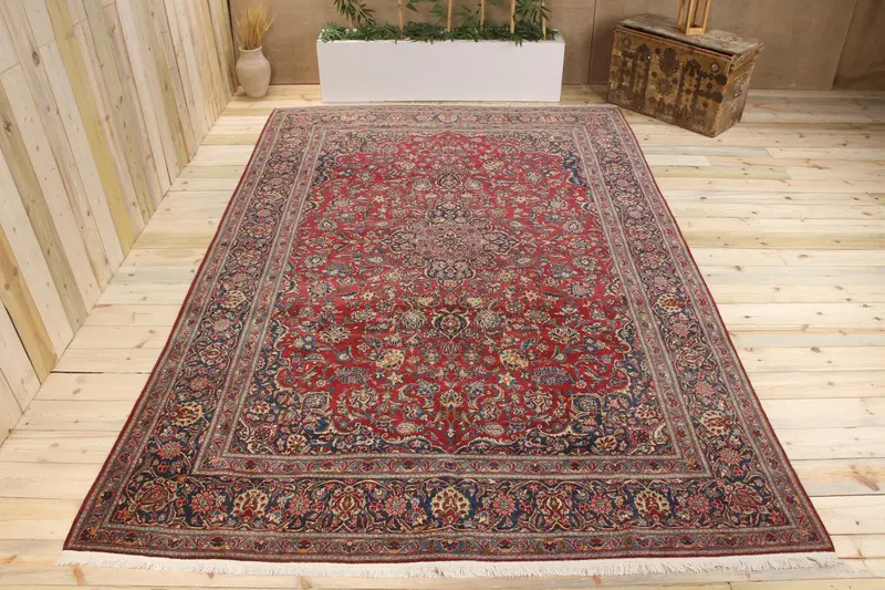 Handgefertigter abstrakter Teppich in Rot und Blau, 0,6 x 11 Fuß