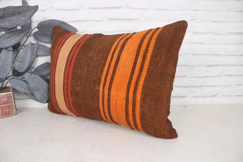 Throw Kilim Pillow, Pillow for Sofa, 16x24 Brown Cushion Case, Handmade Kilim Cushion, Cushion Cover, Hippie Throw Pillow Cover - 4