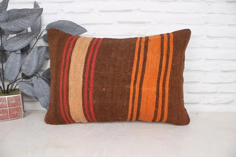 Throw Kilim Pillow, Pillow for Sofa, 16x24 Brown Cushion Case, Handmade Kilim Cushion, Cushion Cover, Hippie Throw Pillow Cover - 1