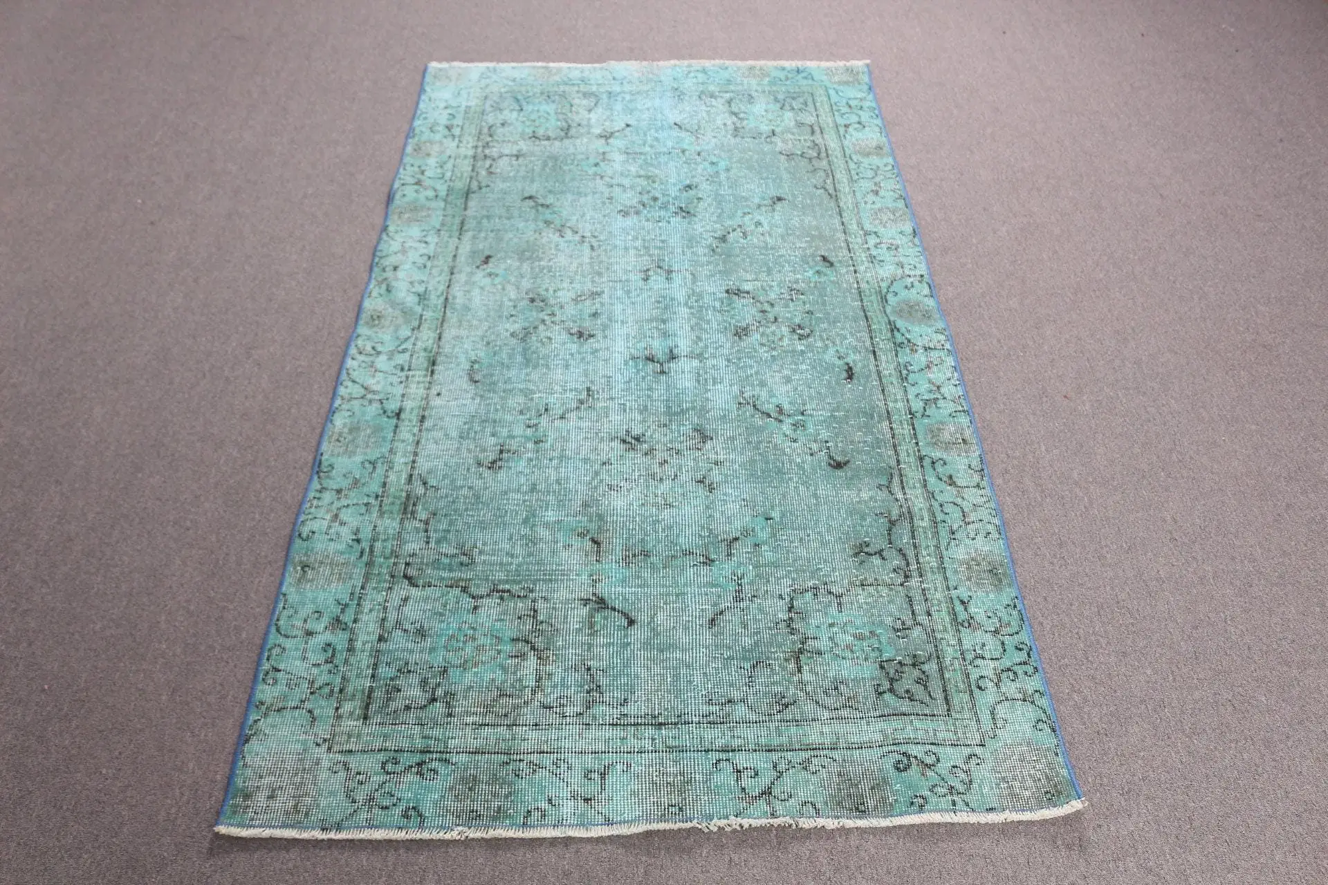 Alfombra vintage, alfombra turca de acento de 3,6x6,6 pies, alfombra floral verde azul - 1