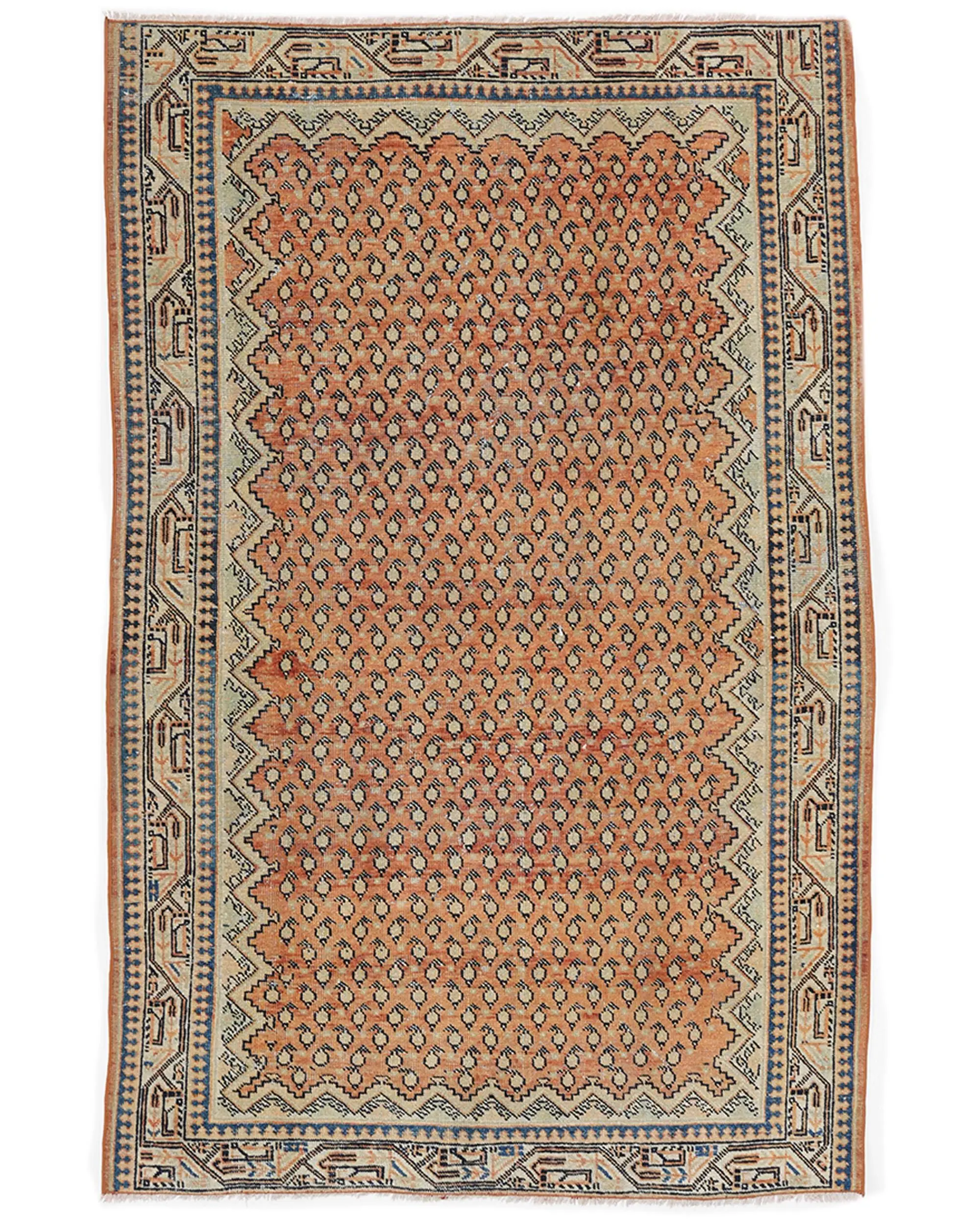Vintage Area Rug 4x6.3 ft, Orange Blue Ikat Rug Wool - 1