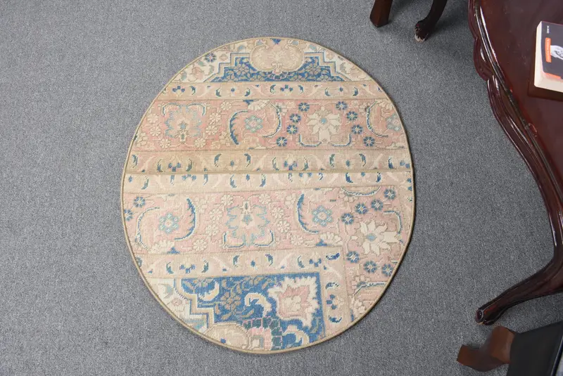 Pembe ve Mavi Çiçekli Halı, 2,5x3 ft Şık Dekor