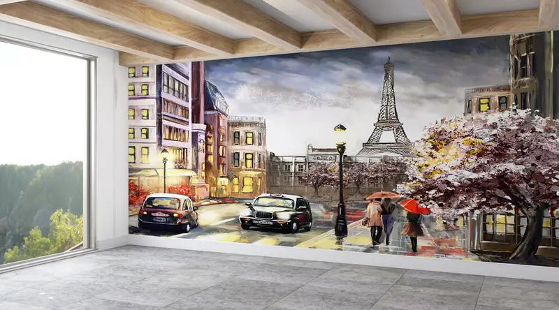 Paris Cityscape Wall Art, City Wall Poster, Abstract Paris Wall Print, City Wall Art, People With Umbrella Mural, Eiffel Tower Wall Print, - 2