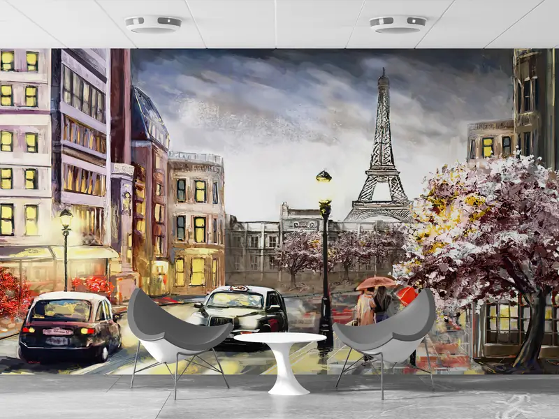 Paris Cityscape Wall Art, City Wall Poster, Abstract Paris Wall Print, City Wall Art, People With Umbrella Mural, Eiffel Tower Wall Print, - 3