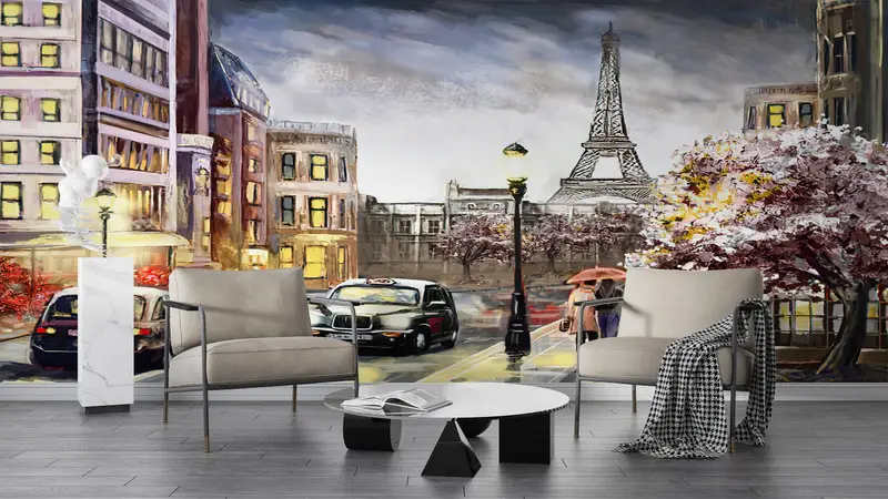 Paris Cityscape Wall Art, City Wall Poster, Abstract Paris Wall Print, City Wall Art, People With Umbrella Mural, Eiffel Tower Wall Print, - 5
