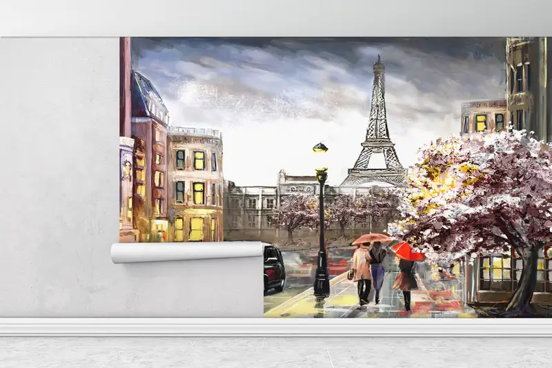 Paris Cityscape Wall Art, City Wall Poster, Abstract Paris Wall Print, City Wall Art, People With Umbrella Mural, Eiffel Tower Wall Print, - 1
