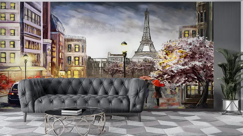 Paris Cityscape Wall Art, City Wall Poster, Abstract Paris Wall Print, City Wall Art, People With Umbrella Mural, Eiffel Tower Wall Print, - 7