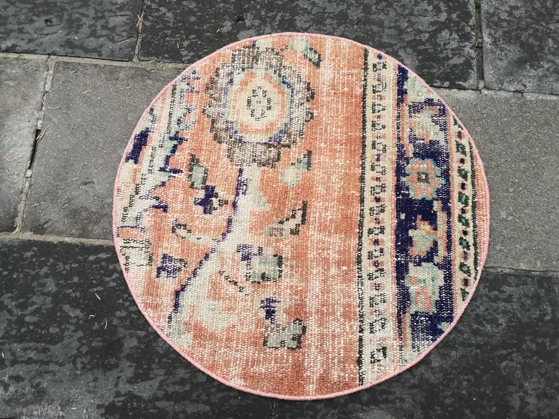 Orangefarbener und blauer Orientteppich, 2,33 x 2,33 Fuß, elegantes Dekor