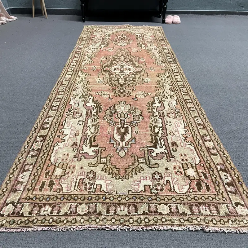 3.37x9.7 ft Rug, Turkish Vintage Runner Rug, Brown Oushak Wool Rug - 1