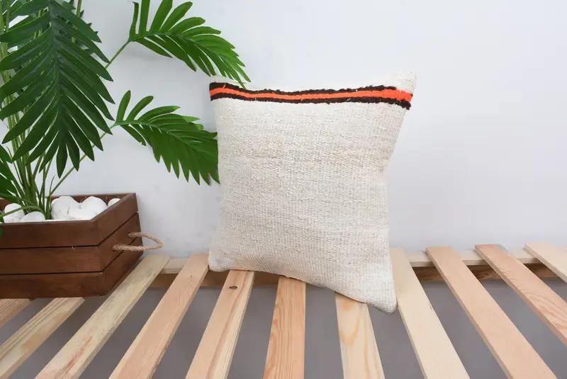 Farmhouse Pillow, Handmade Kilim Cushion, 14x14 White Pillow, Vintage Pillow, Turkish Rugs Pillow Cover, Kilim Cushion Sham, Pillow Cover - 5