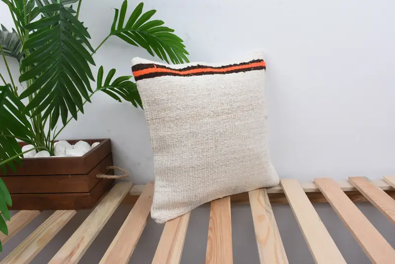 Farmhouse Pillow, Handmade Kilim Cushion, 14x14 White Pillow, Vintage Pillow, Turkish Rugs Pillow Cover, Kilim Cushion Sham, Pillow Cover - 4