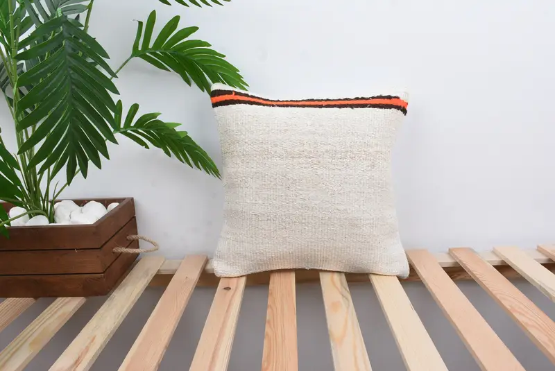 Farmhouse Pillow, Handmade Kilim Cushion, 14x14 White Pillow, Vintage Pillow, Turkish Rugs Pillow Cover, Kilim Cushion Sham, Pillow Cover - 1