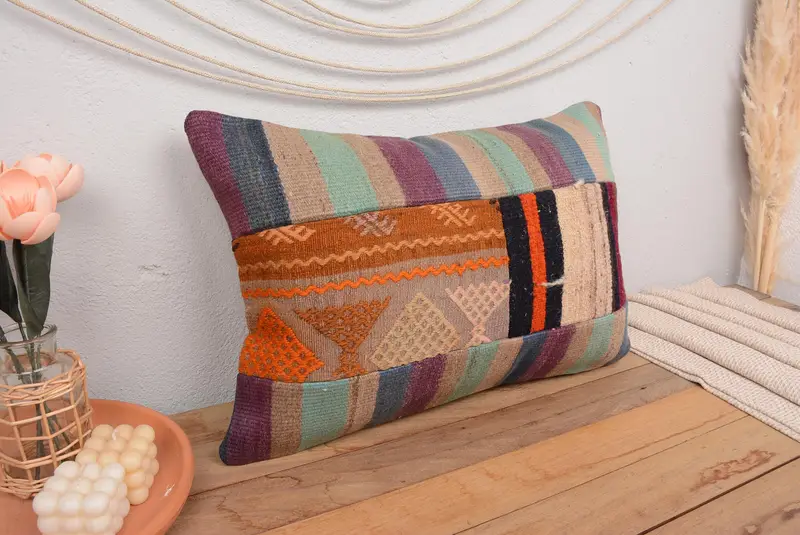 Green & Purple Patchwork Pillow, 16x24 Inches Decorative Pillow - 1
