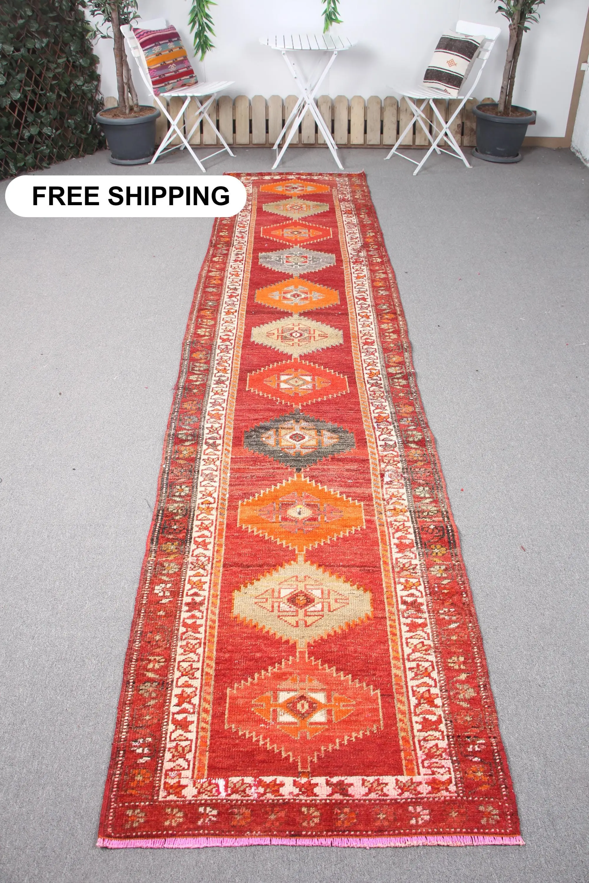Vintage Runner Rug, 2.7x12.7 ft Turkish Rug, Red Herki Wool Rug - 1