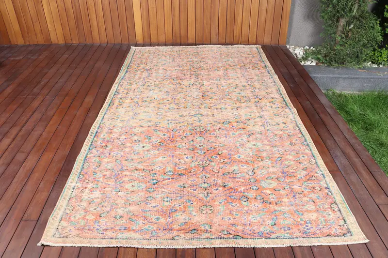 Vintage Turkish Rug 5.3x9.2 ft (162x281 cm), Oushak Orange Animal Print Rug - 1