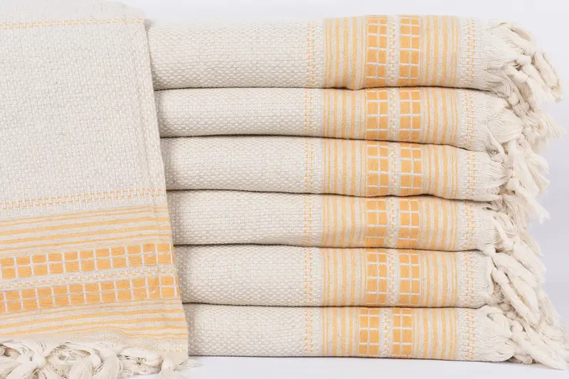 Turkish Blanket Mustard Striped Floral Embroidered, 95x93 Inches