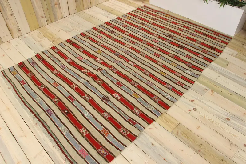 Vintage Large Rug 5.6x8.4 ft, Red Striped Turkish Wool Rug - 1