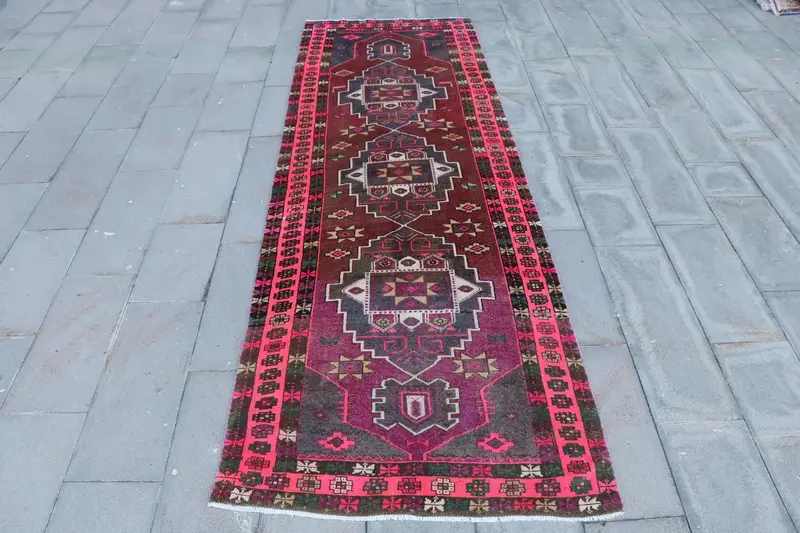 Vintage Rug, Runner 3.8x11.3 ft Turkish Rug, Red Oriental Wool Rug - 1