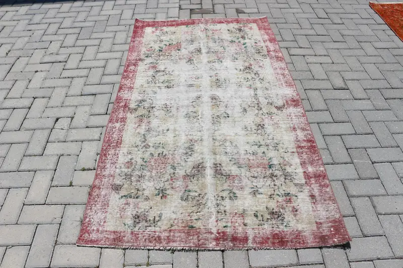 Vintage Türk Oushak Vurgulu Halı 3.6x6.6 ft, Kırmızı Hayvan Baskı Halı Yün - 1