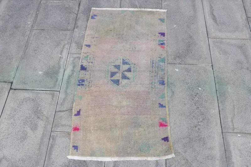 Turkish Rug, 1.7x3.37 ft Small Vintage Rug, Oushak Blue Gray Bordered Rug - 1