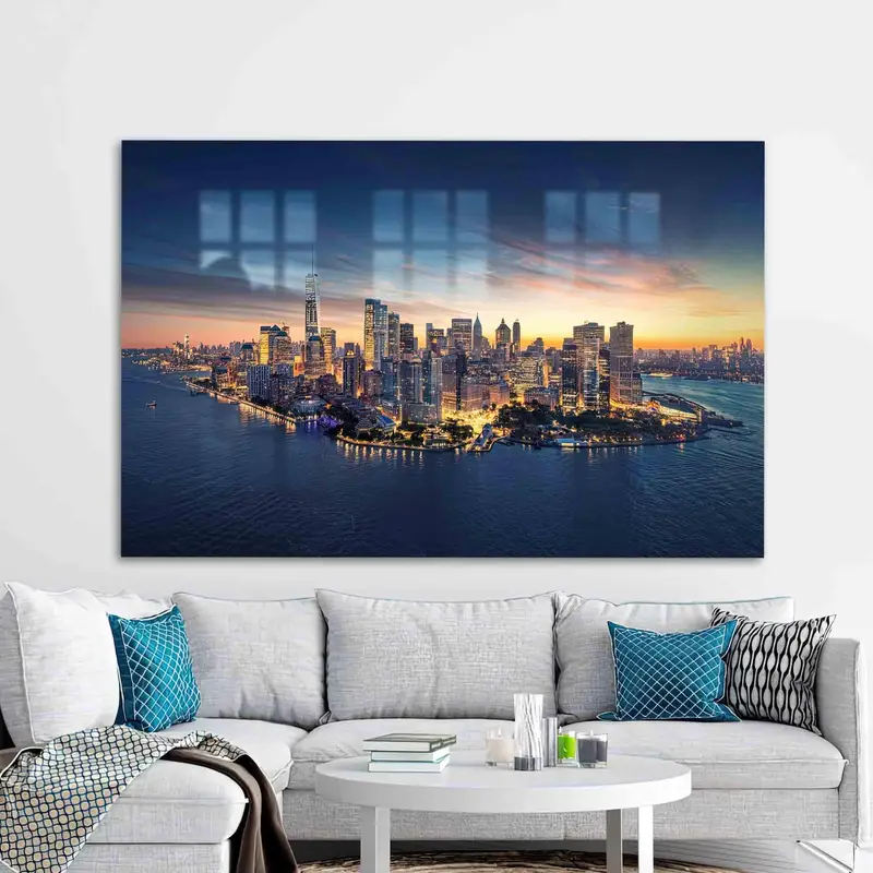 Vidrio impreso elegante: Diseño de paisaje urbano Skyline Sunset Seascape