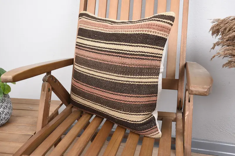 Kilim Pillow Cover, Cushion Case, Personalized Gift Pillow Cushion, Turkish Kilim Pillow, Kilim Cushion Sham, 18x18 Brown Cushion - 3