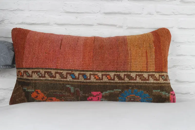 Ethnical Kilim Rug Pillow, 12x24 Red Cushion Case, Wholesale Pillow Sham, Pillow for Sofa, Bright Cushion Cover, Vintage Pillow, Pillow Cover - 2