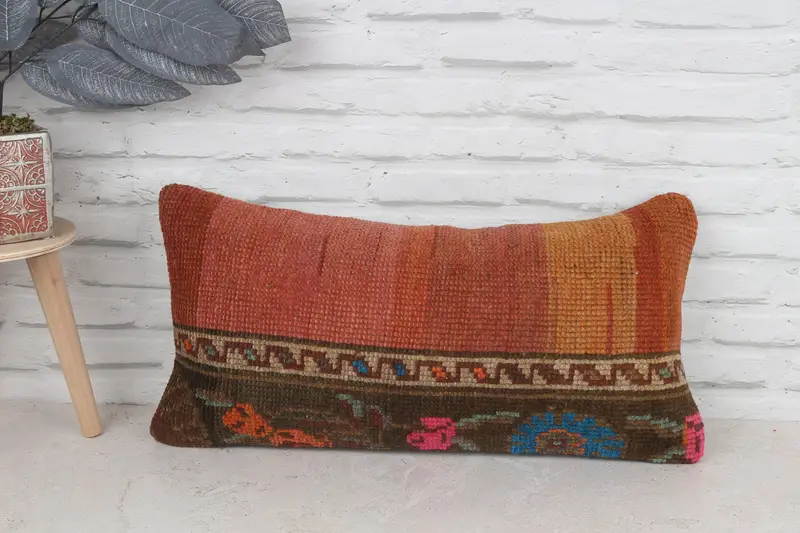 Ethnical Kilim Rug Pillow, 12x24 Red Cushion Case, Wholesale Pillow Sham, Pillow for Sofa, Bright Cushion Cover, Vintage Pillow, Pillow Cover - 1