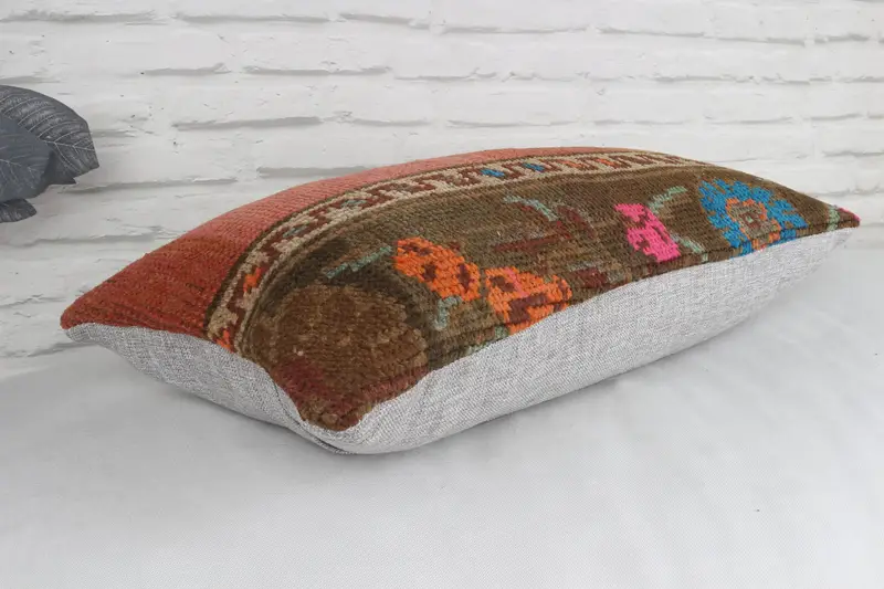Ethnical Kilim Rug Pillow, 12x24 Red Cushion Case, Wholesale Pillow Sham, Pillow for Sofa, Bright Cushion Cover, Vintage Pillow, Pillow Cover - 7