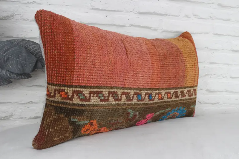 Ethnical Kilim Rug Pillow, 12x24 Red Cushion Case, Wholesale Pillow Sham, Pillow for Sofa, Bright Cushion Cover, Vintage Pillow, Pillow Cover - 3