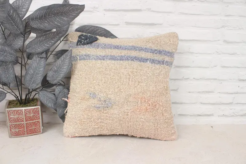 Turkish Kilim Pillow, 16x16 Beige Cushion Cover, Home Decor Pillow, Vintage Kilim Throw Pillow, Pillow Sham, Decorative Throw Cushion - 1