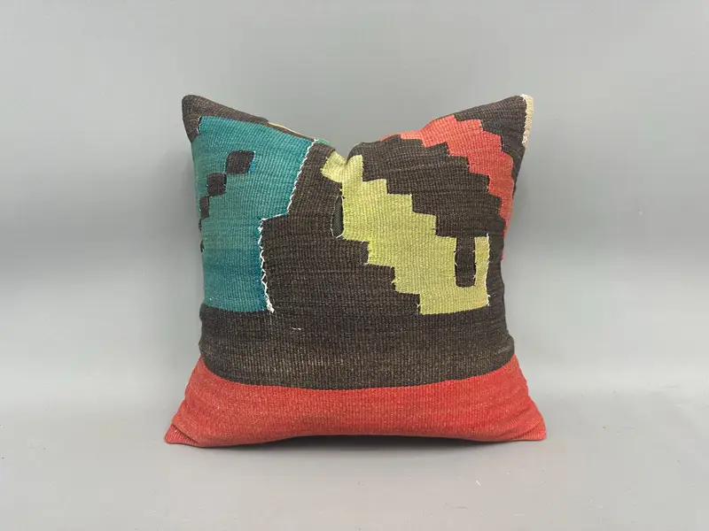 Handwoven Pillow Sham, Gift Pillow, Vintage Pillow, Pet Cushion, Ethnical Kilim Rug Pillow, 18x18 Green Cushion, Cushion Cover - 1