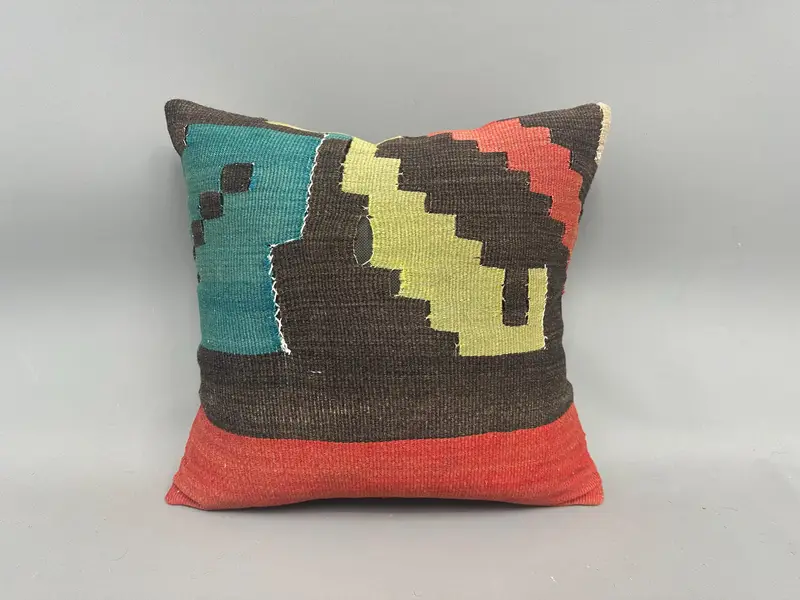 Handwoven Pillow Sham, Gift Pillow, Vintage Pillow, Pet Cushion, Ethnical Kilim Rug Pillow, 18x18 Green Cushion, Cushion Cover - 4