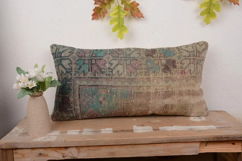 Green & Beige Floral Embroidered Pillow, 12x24 Handmade Throw Pillow